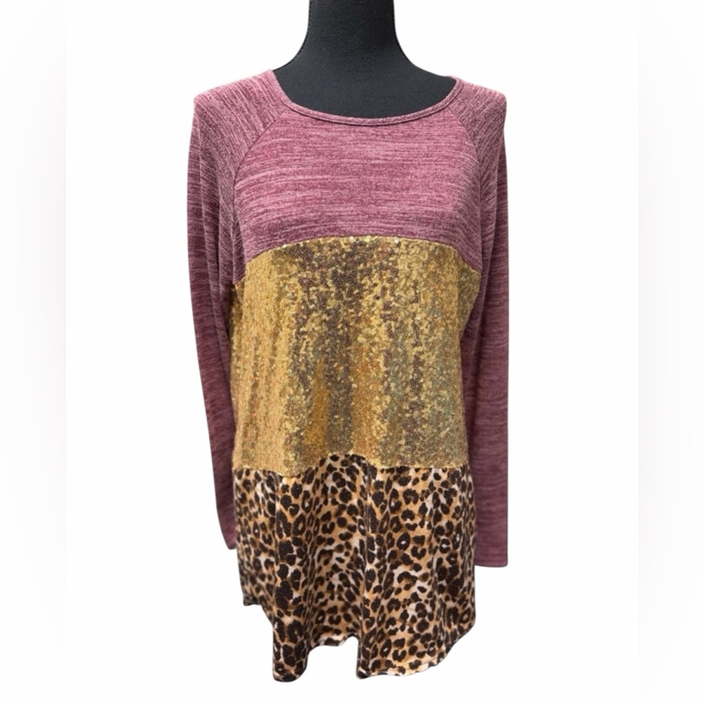 Southern Stitch Burgundy, Gold Sequenced, leopard print Top Statement Piece- M
